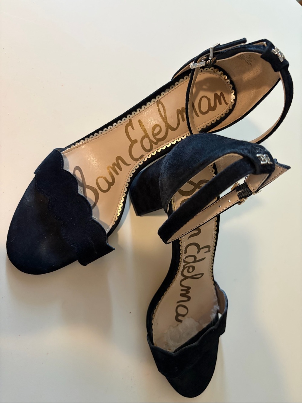 Sam Edelman Black Scalloped Suede Ankle-Strap Block Heels - Picture 2 of 6